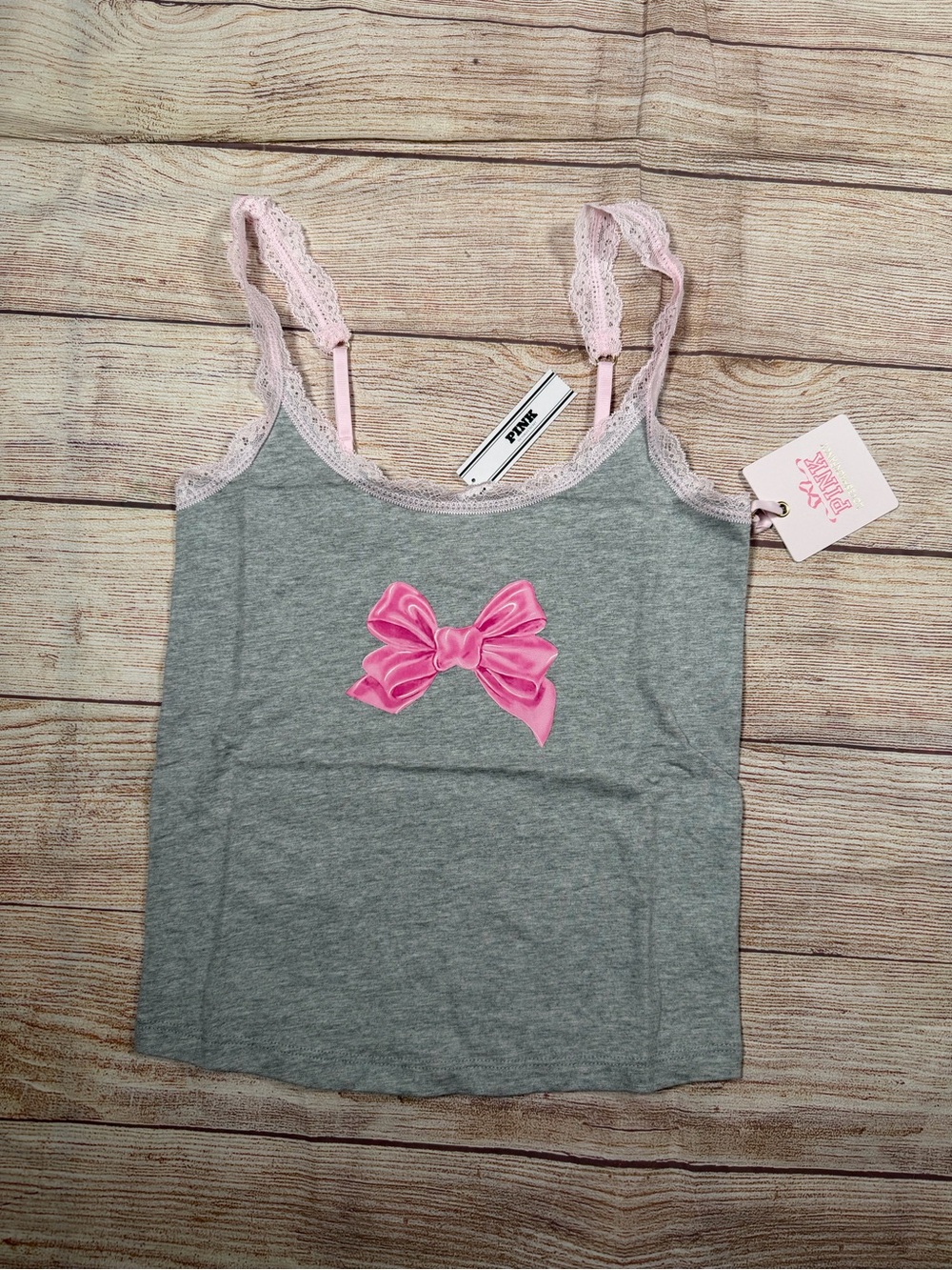 LoveShackFancy x VS PINK Gray Camisole with Dainty Pink Bow and Pink Lace‎ Trim